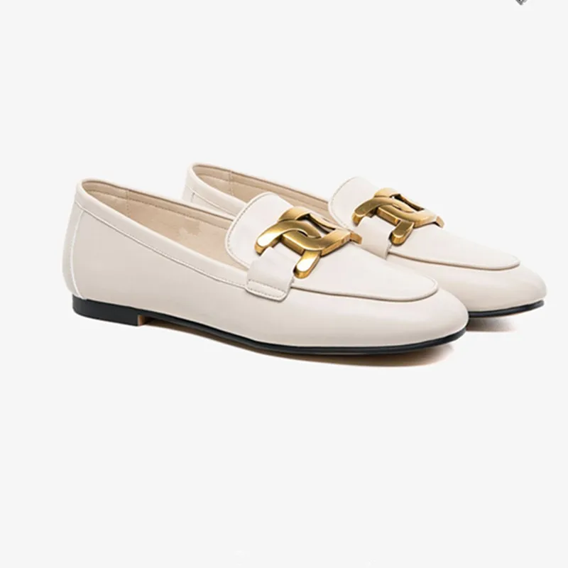 Women's Single Shoes 2023 Spring and Autumn New Round Head Metal Buckle Casual Versatile Outdoor Step on Flat Bottom Lefu Shoes