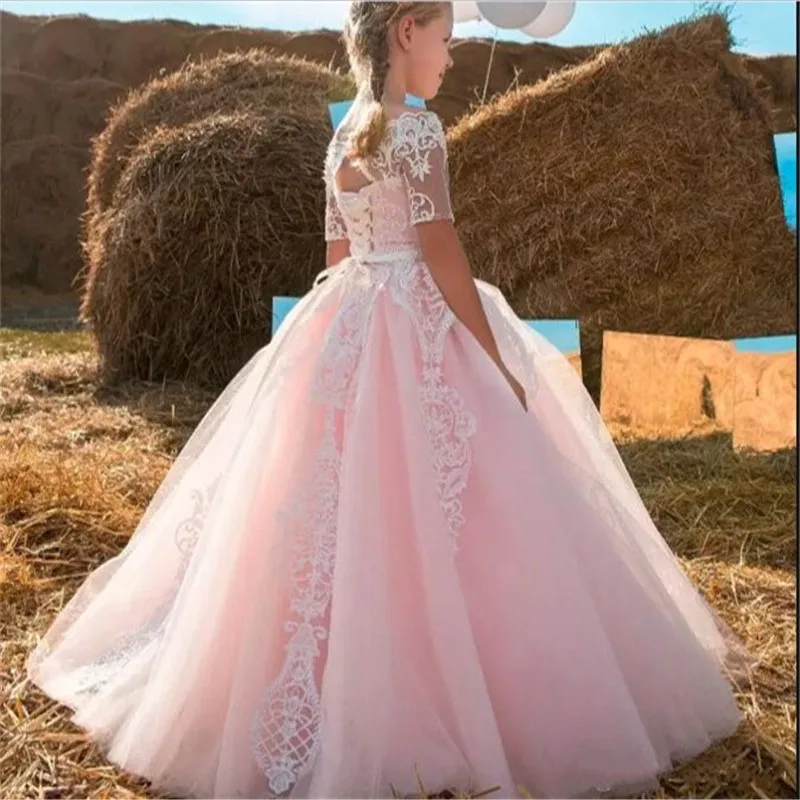 

Formal Beauty Girl Prom Dress Flower Girl Dress For Wedding Lace Up Half Sleeves Prepared For Birthday First Communion Gowns