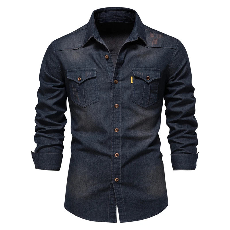 FOJAGANTO Men's Spring Denim Shirts Casual Solid Color Lapel Long Sleeve Fashion Slim Fit Cotton for Men |