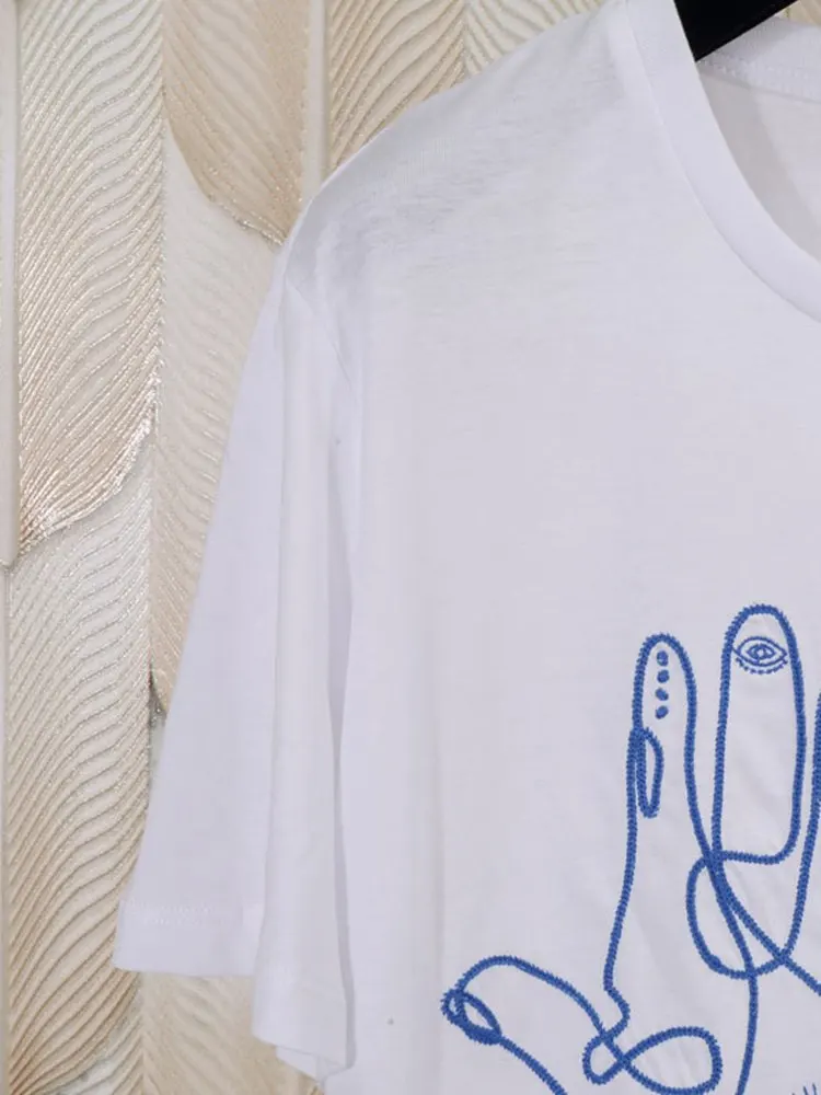 

Summer New Palm Embroidery Pattern Round Neck Casual White Short Sleeve Loose Cotton Women T-Shirt