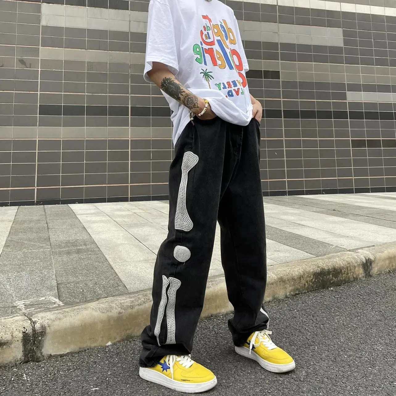 Женские джинсы большого размера Новинка весна-осень 2022 рваные с принтом пламени