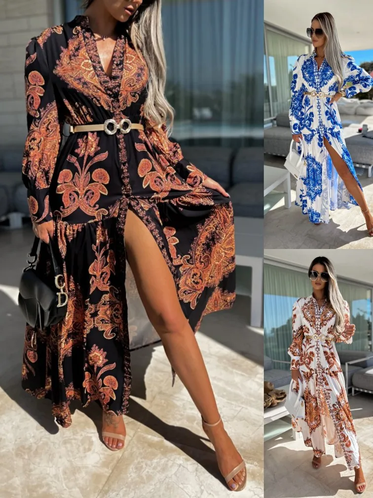 

2021 Spring Retro Floral Printed Party Long Dress Women Elegant Sexy V Neck Long Sleeve Dress Ladies Fashion Beach Dresses