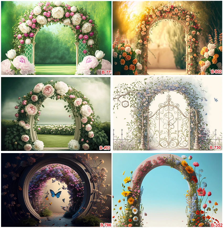 

Outdoor Wedding Ceremony Backdrops Photography Flowers Arched Shape Door Floral Backgrounds Bride And Groom Portrait Decor