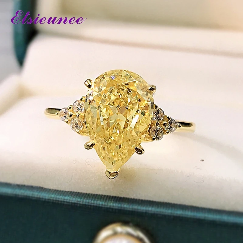 

ELSIEUNEE Real 925 Sterling Silver Pear Cut Citrine Created Moissanite Gemstone Women Engagement Ring Gold Color Fine Jewelry