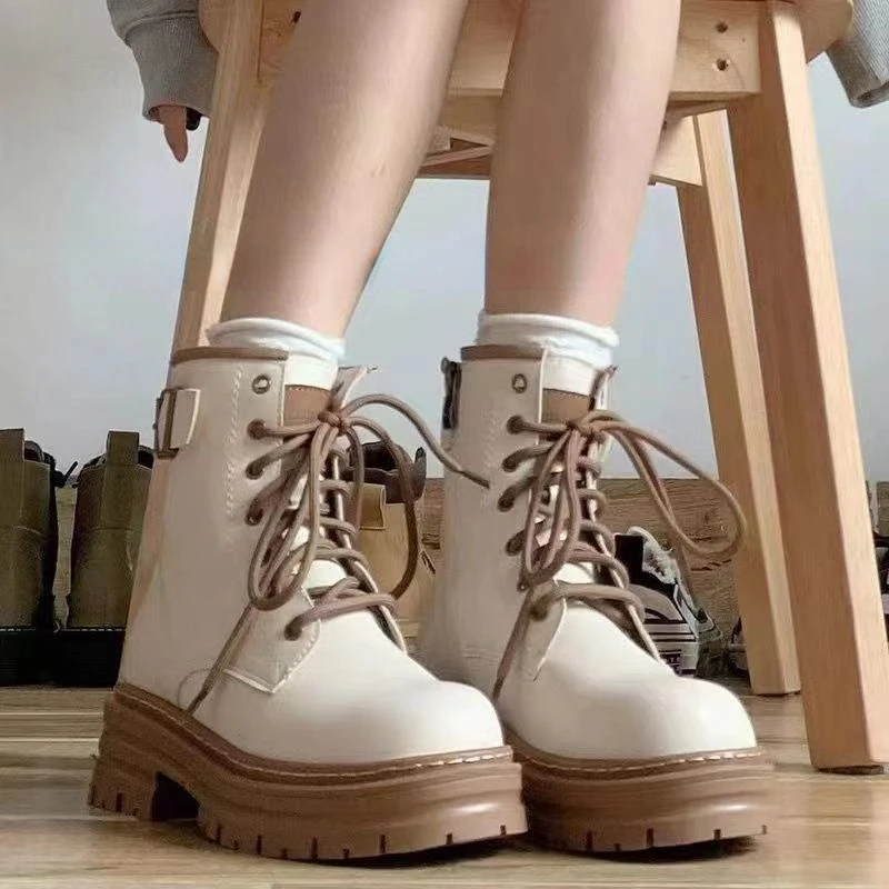 QWEEK Women's Khaki 2022 New Autumn British Short Ankle Boots Platform Rubber Chelsea Shoes Korean Fashion Chunky Heels Designer