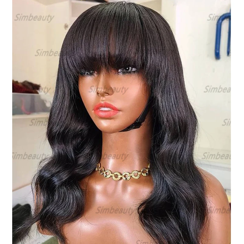 

#1 Jet Black Body Wave 100% Human Hair Full Machine Made Wigs with Bangs 200Density Short Bob Silk Base Fringe Wigs for Women