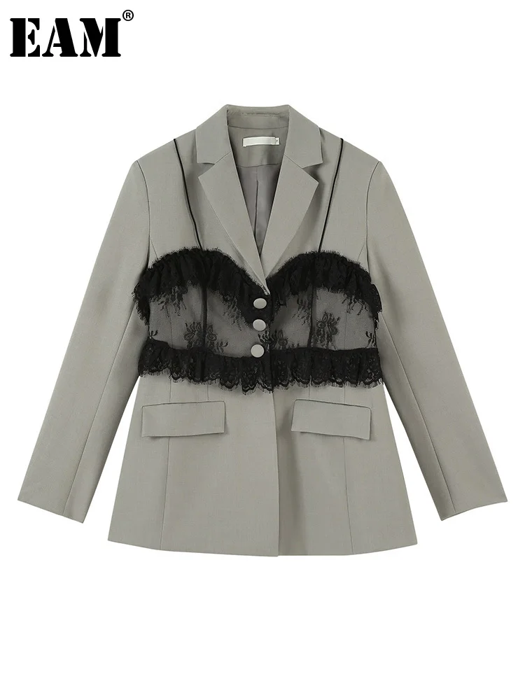 

[EAM] Women Gray Lace Spliced Casual Blazer New Lapel Long Sleeve Loose Fit Jacket Fashion Tide Spring Autumn 2022 1DE7572