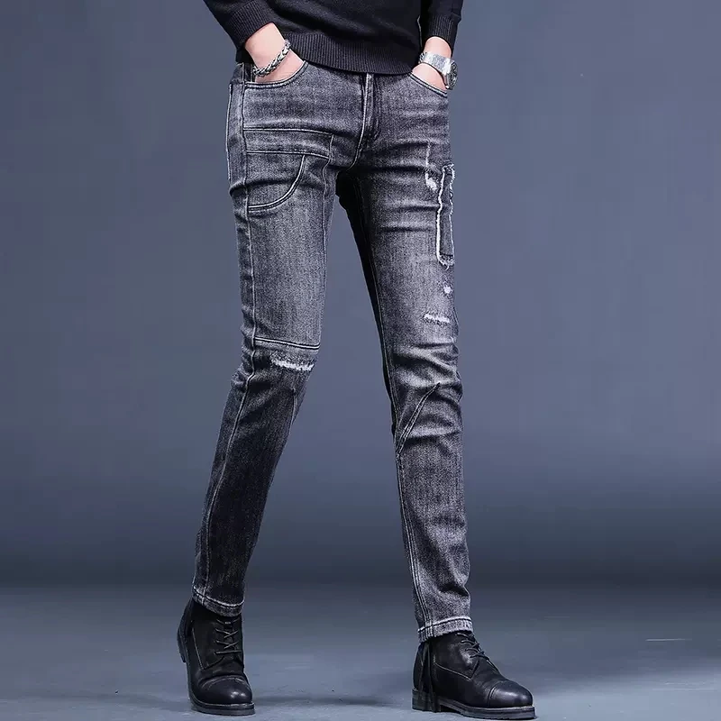 Autumn Men's Black Gray Ripped Jeans Slim Fit Straight Pants Streetwear Fashion Patchwork Patch Denim Trousers CP2006