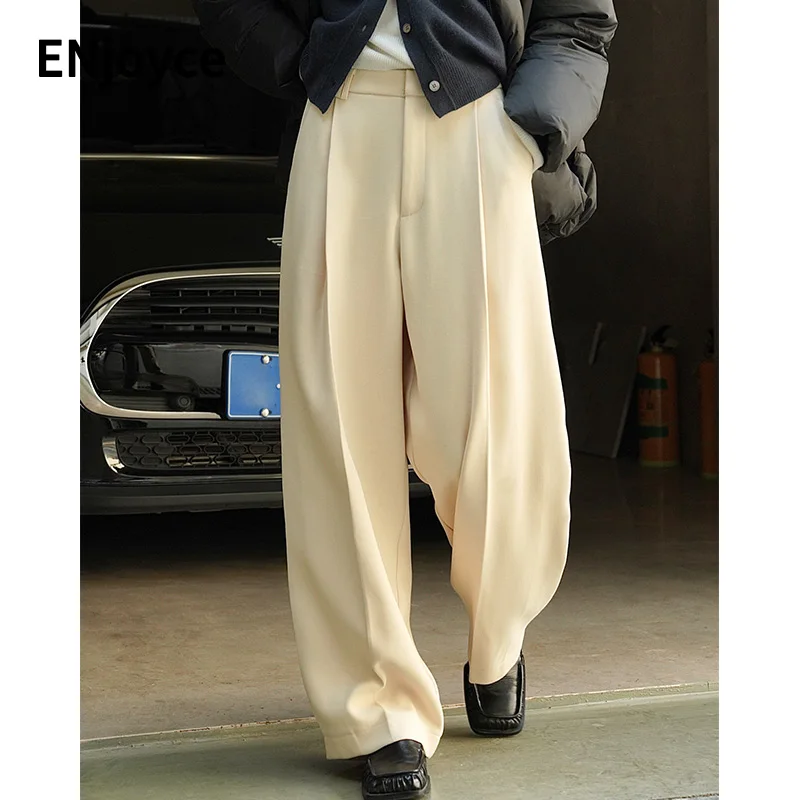 Women Winter Office Lady New Wide Leg Straight Pants Workwear High Waist Loose Thick Suit Draped Trousers