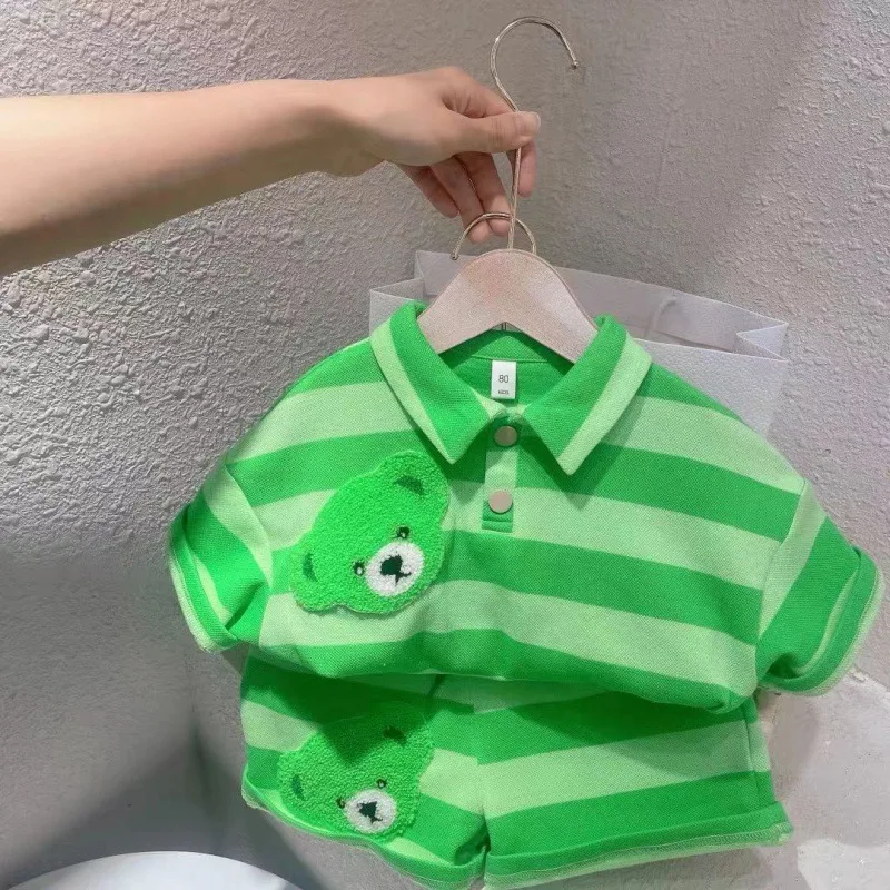 

RiniLucia Casual Summer Newborn Baby Boys Outfits Suit Knitted Short Striped Sleeve T-shirts Tops+Shorts 2Pcs Kids Tracksuits