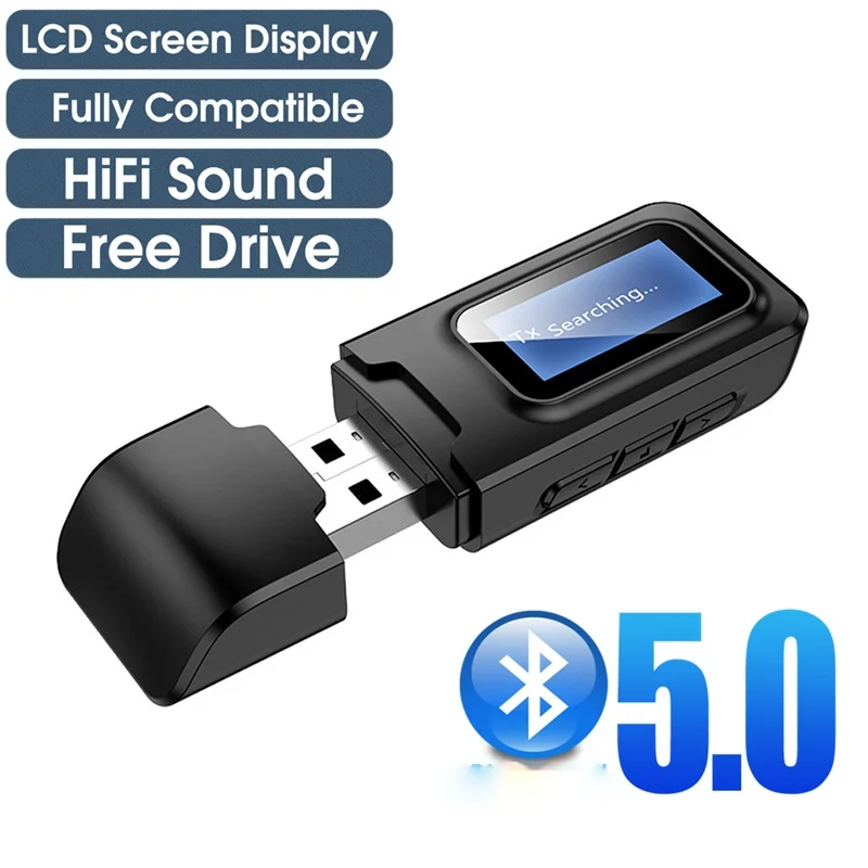 USB Bluetooth Receiver Transmitter Audio Bluetooth 5.0 Adapter For Car PC TV HD HiFi Receptor Wireless Adapter LCD 3.5MM AUX