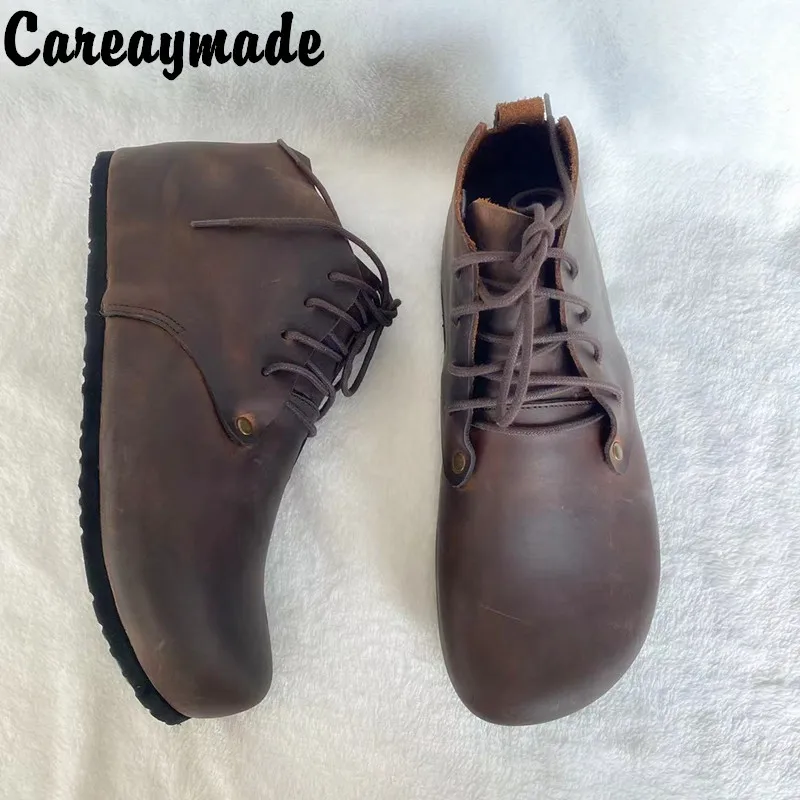 Careaymade-Genuine Leather women's shoes Crazy Horse Leather single shoes high top cork shoes big head shoes handmade size 35-45