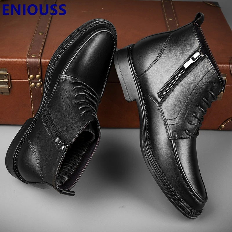 

Ботильоны ENIOUSS мужские из коровьей кожи, черные теплые ботинки из натуральной кожи, на резиновой подошве, со шнуровкой, Осень-зима