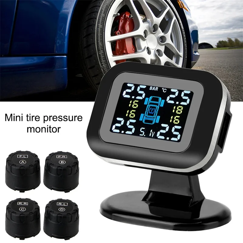

Smart TPMS Car Tire Pressure Alarm Monitor System Temperature Security Warning Systems with 4 External Sensors USB LCD Display