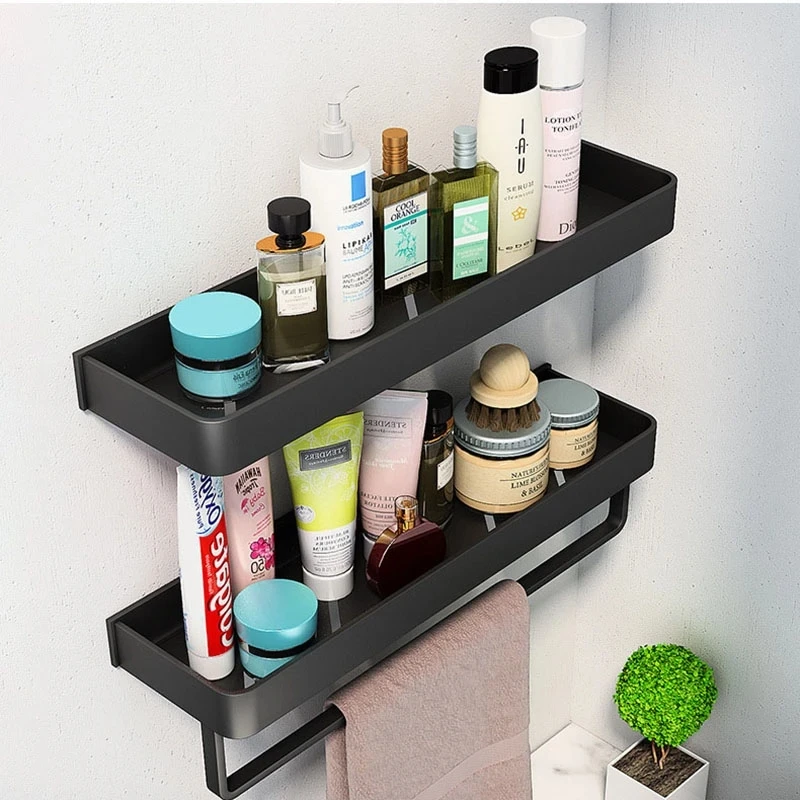 

30/40/50cm Bathroom Black Shelf with Towel Bar Space Aluminum Corner Shelves Towel Rack with Hook Shampoo Holder Kitchen Storage
