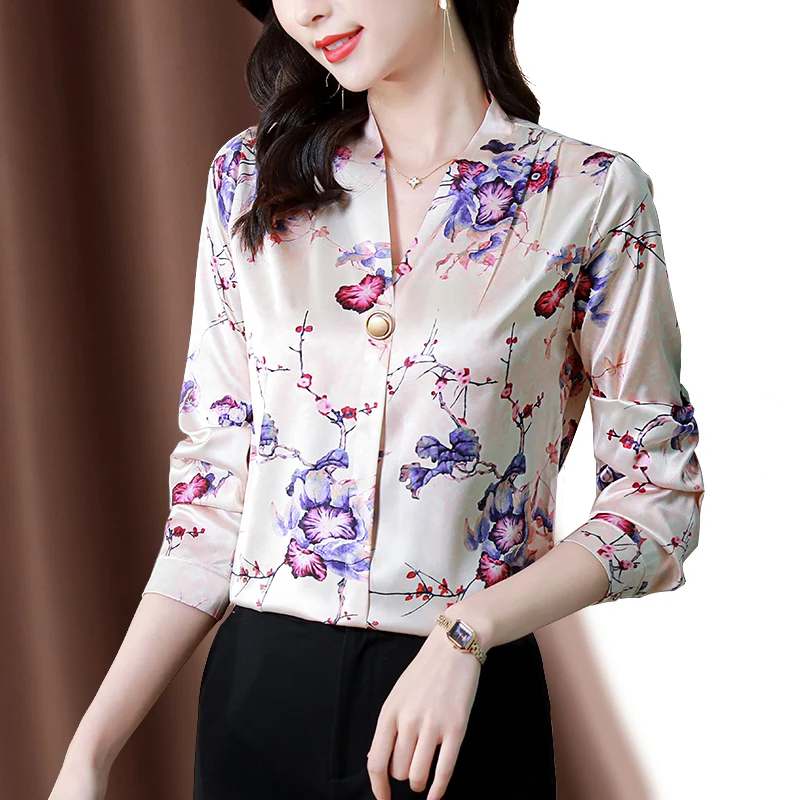 

Summer Korean Fashion Printing Poplin Long Sleeve Top Leisure Splicing Loose V Neck Women's Blouse Houthion