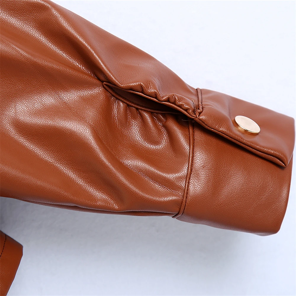 KEYANKETIAN Women's Faux leather shirt coat New red and brown POLO PU leather coat with rotator cuff for autumn and winter