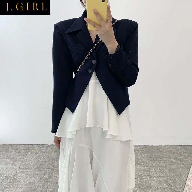 

J GIRLS Elegant Short Blazer Lapel Two Button Solid Color Jacket Irregular White Strap Dresses Women Long Dress Sold Separately