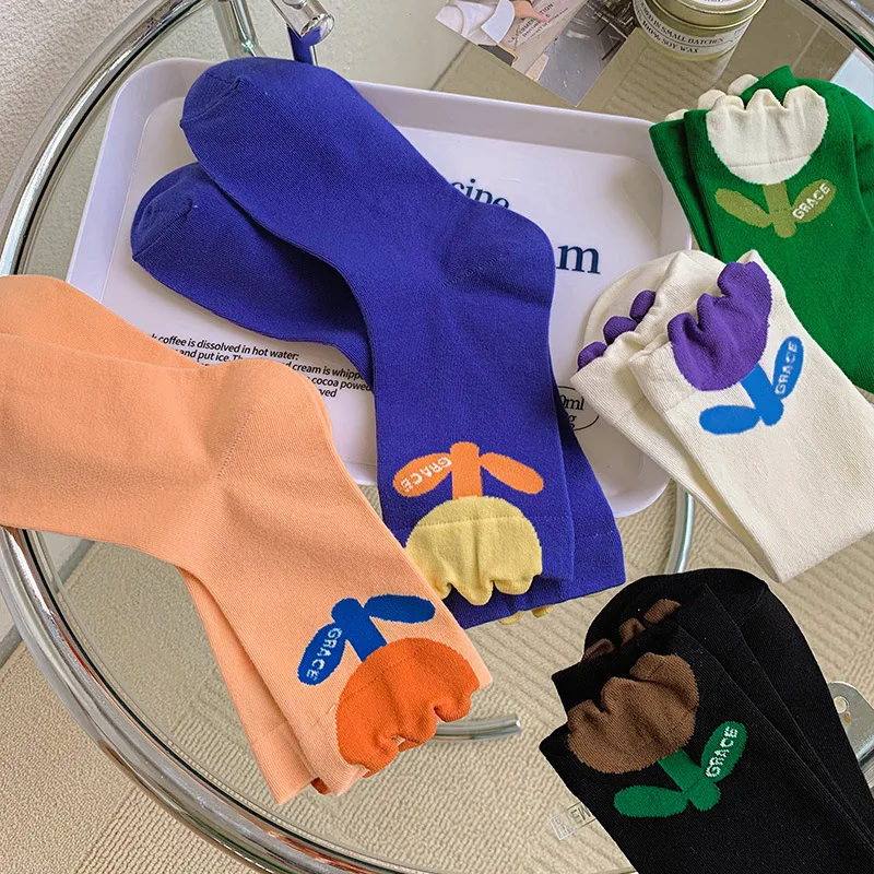 

1 Pair Women Kawaii Japanese Korean Socks Harajuku Style Cartoon Flower Candy Color Mid Tube Breathable Casual Short Socken
