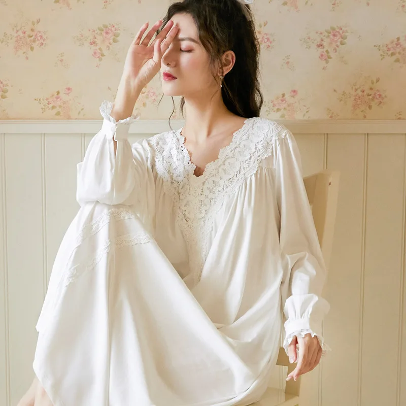 White Nightgown Cotton Sleepwear Lady Spring Autumn 2022 Long Sleeve Nightdress Loose Women Princess Comfort Homewear