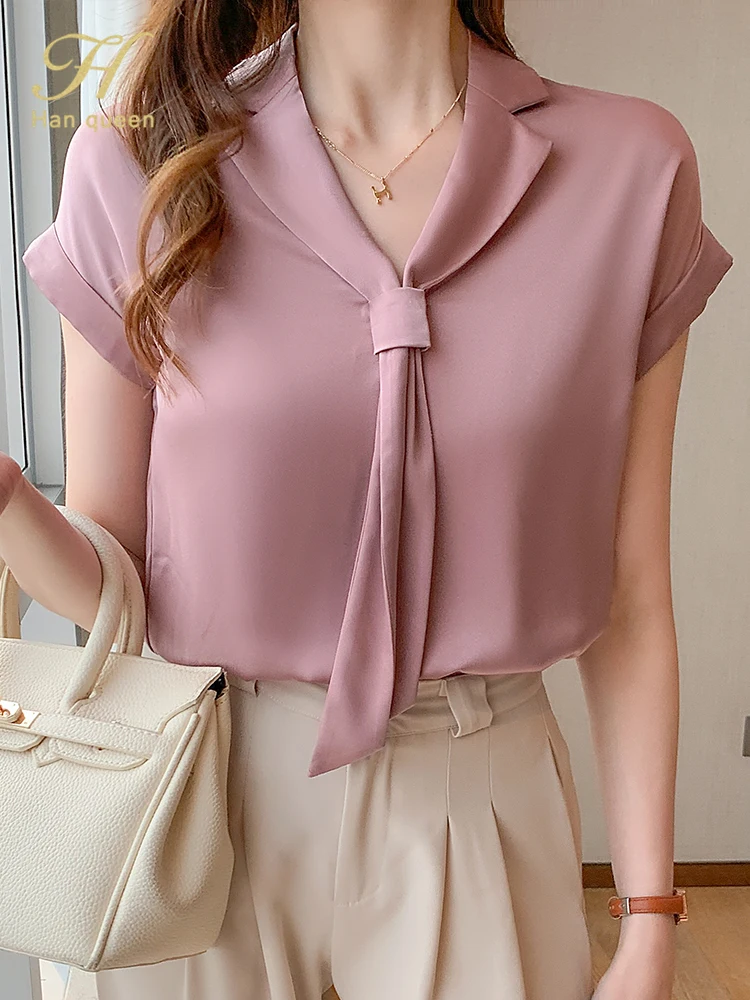 

Летняя элегантная Свободная шифоновая блузка H Han Queen, новые корейские базовые повседневные блузки, винтажные рубашки, простые офисные топы ...