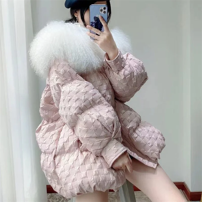Large Fur Collar Thin Down Jacket for Women Hooded Oversize Demi-season Female Winter 2023 Quilted Coat Spring Parka Fluffy New