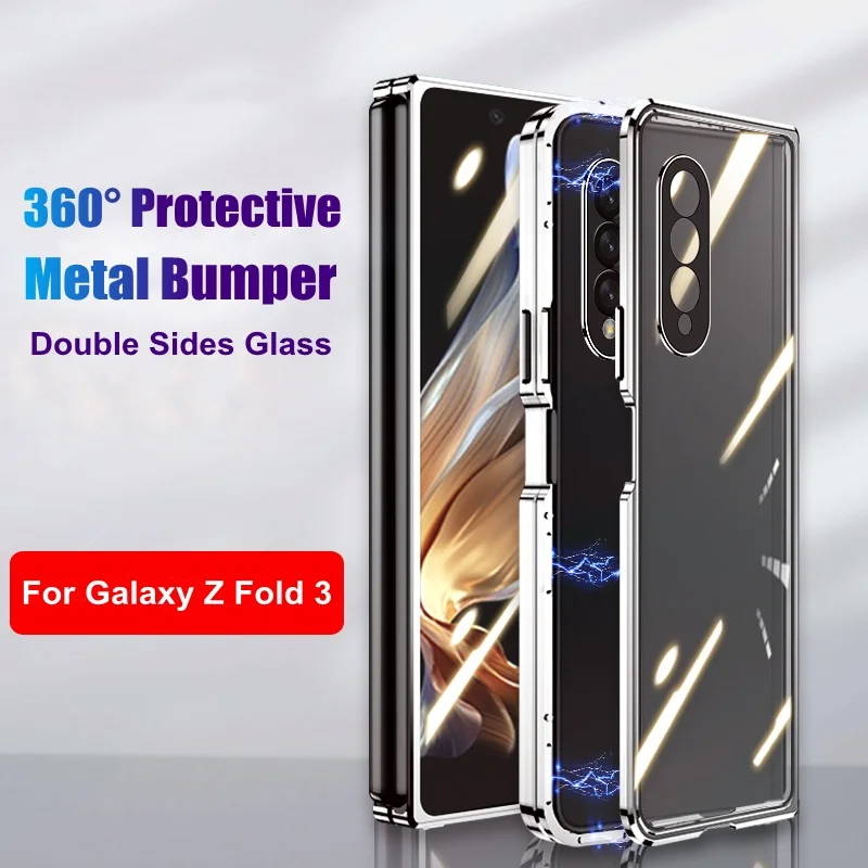 

Magnetic Adsorption Buckle Metal Bumper Case With Transparent Tempered Glass For Samsung Z Fold 3 Fold3 5G