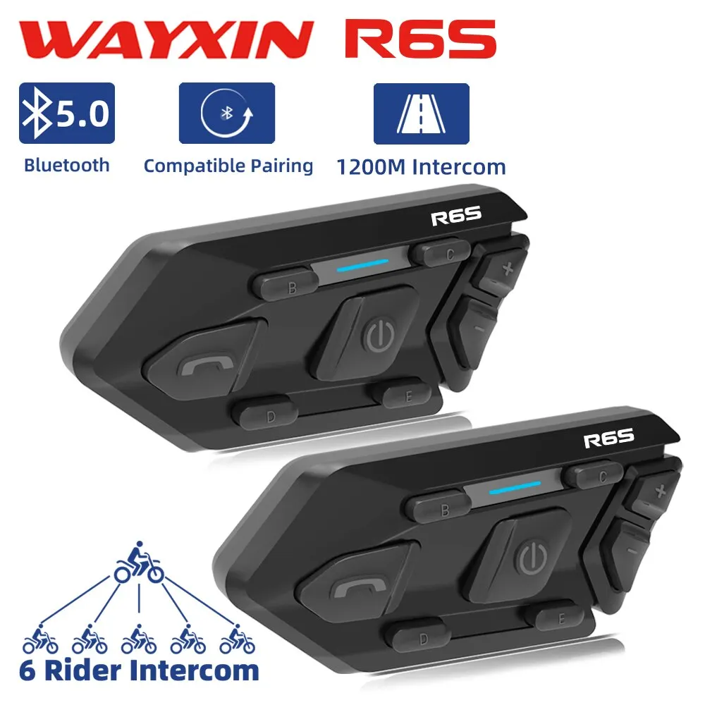 WAYXIN Helmet Headset R6s Motorcycle Intercom 6 Rider Bluetooth 5.0 Intercom Communication 1200M GPS Interphone Waterproof MP3