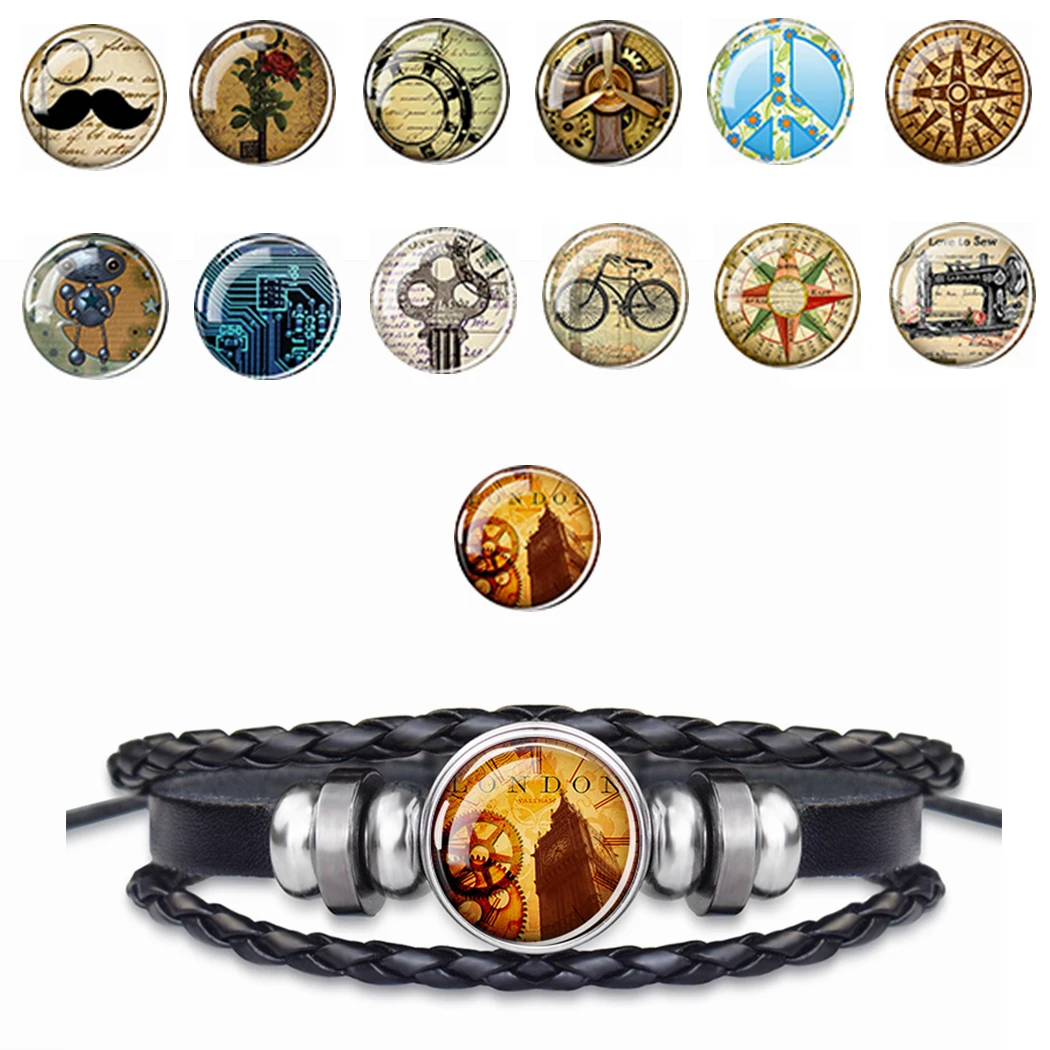 Браслет с узором в виде шестеренок черный кожаный плетеный браслет компасом для