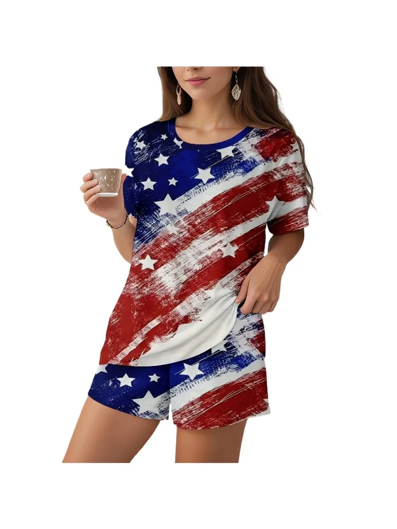 Женский модный комплект из шорт с принтом и U-образным вырезом коротким рукавом