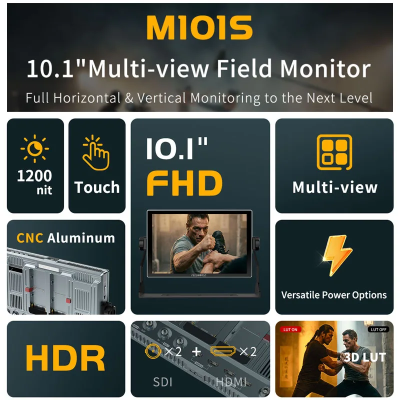 Фото Многодисплейный монитор FEELWORLD M101S 10.1 дюйма, 1200 нит, 1920x1200 IPS, 3G-SDI, HDMI 2.0, LUT, HDR, 1920x1200 пикселей №2