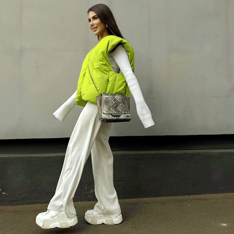 Ardm Casual V-Neck Silver Green Cotton Vest Winter Coat Women 2022 Streetwear Sleeveless Warm Parkas Quilted Jacket Tops