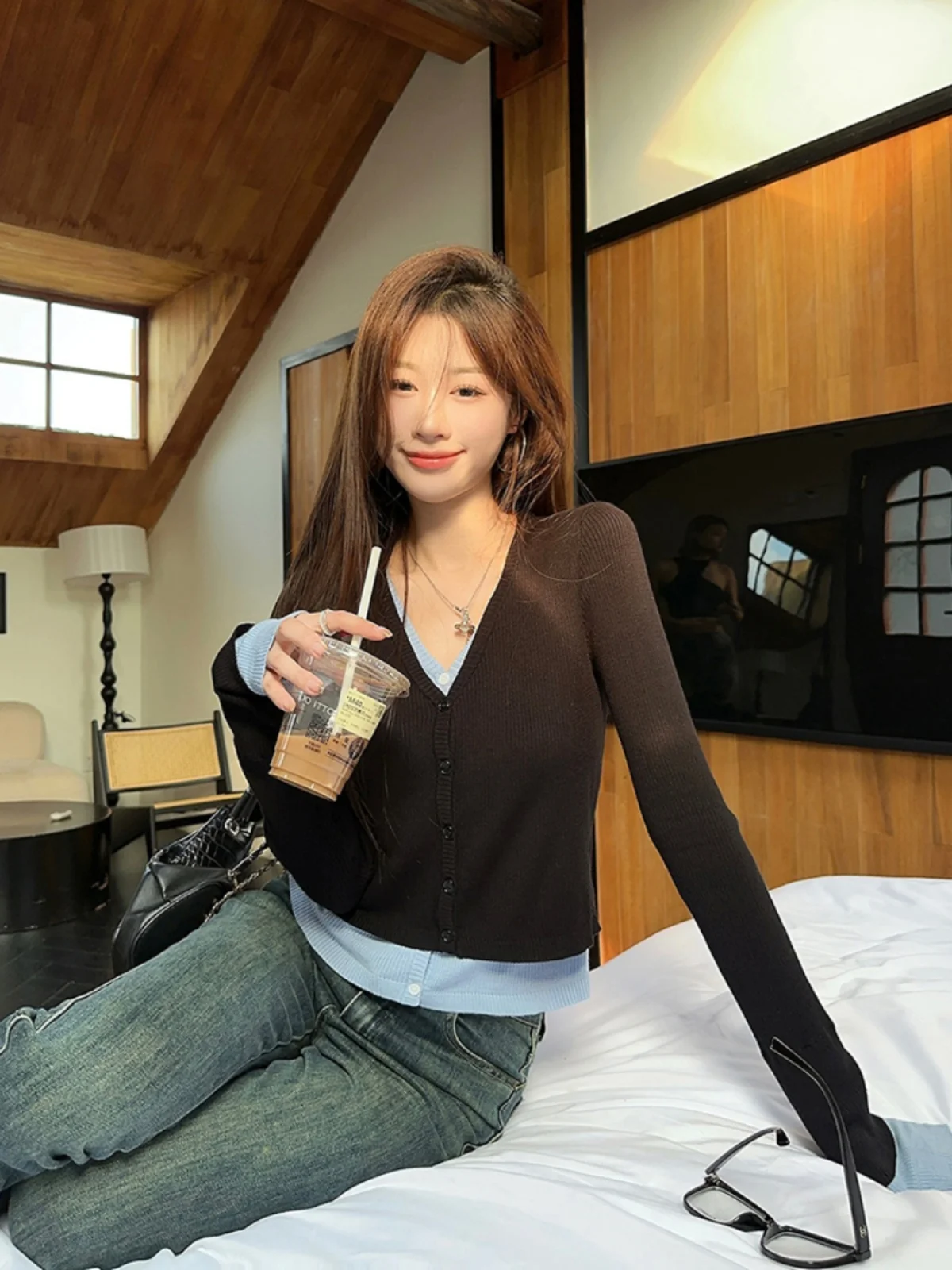 Контрастный Женский трикотажный топ в стиле пэчворк с длинными рукавами осень 2024