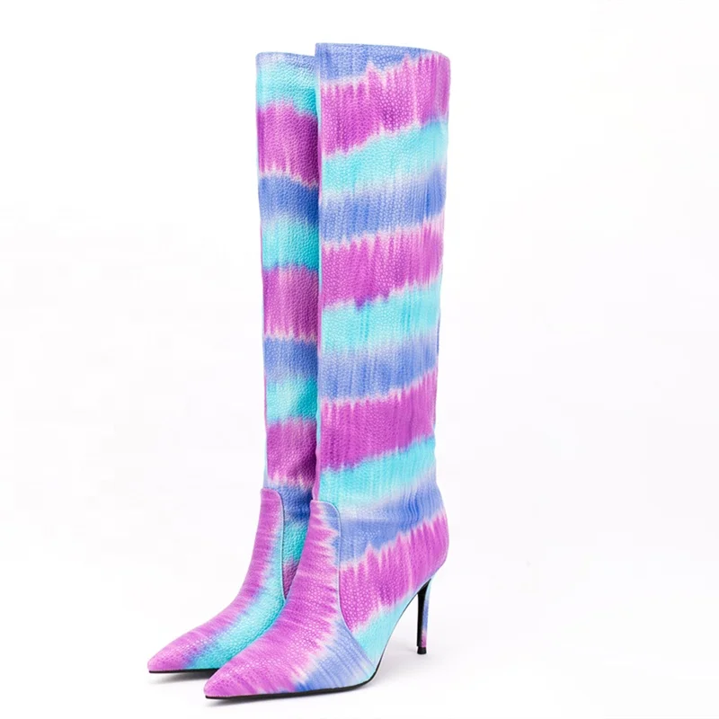 Multi Colors Tie-dyed Print Pointy Toe Women Shoes Booty Soft Pointy Toe Thin High Heel Knee High Boots for Women Big Size 47
