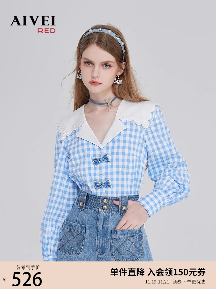 Aivei Xinhe Aiwei Autumn New French sle Pastoral Hot Drilling Blue Plaid Shirts Top Q060086