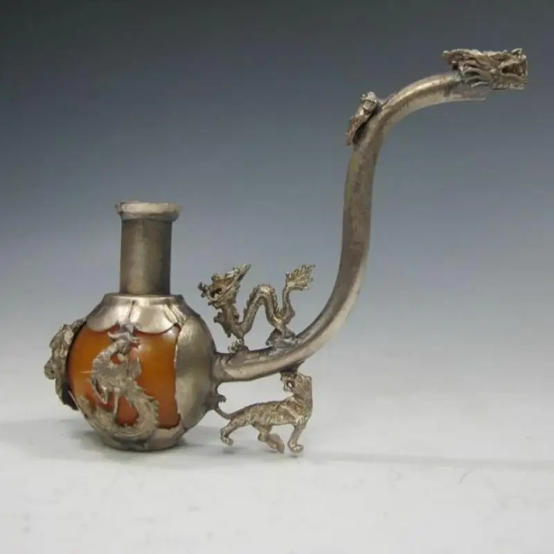 

Old Chinese Handmade Inlay Yellow Jade Tibet Silver Dragon Smoking Pipe