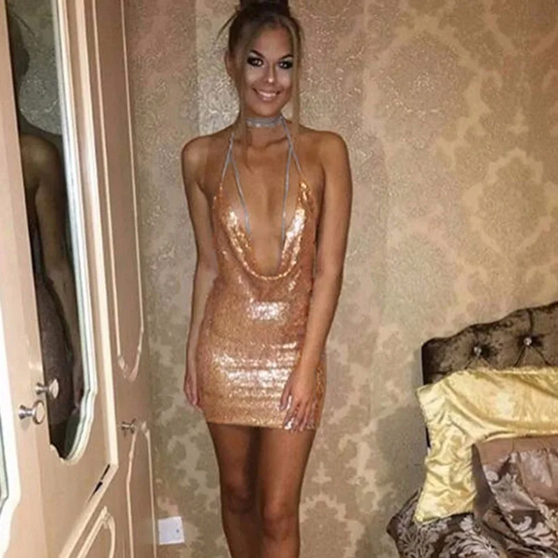 Women'S Nightclub Sexy Backless Chain Glitter Party Dress For Women Clothes Vestido Elegant Outfits Long Sleeve Mini Dresses