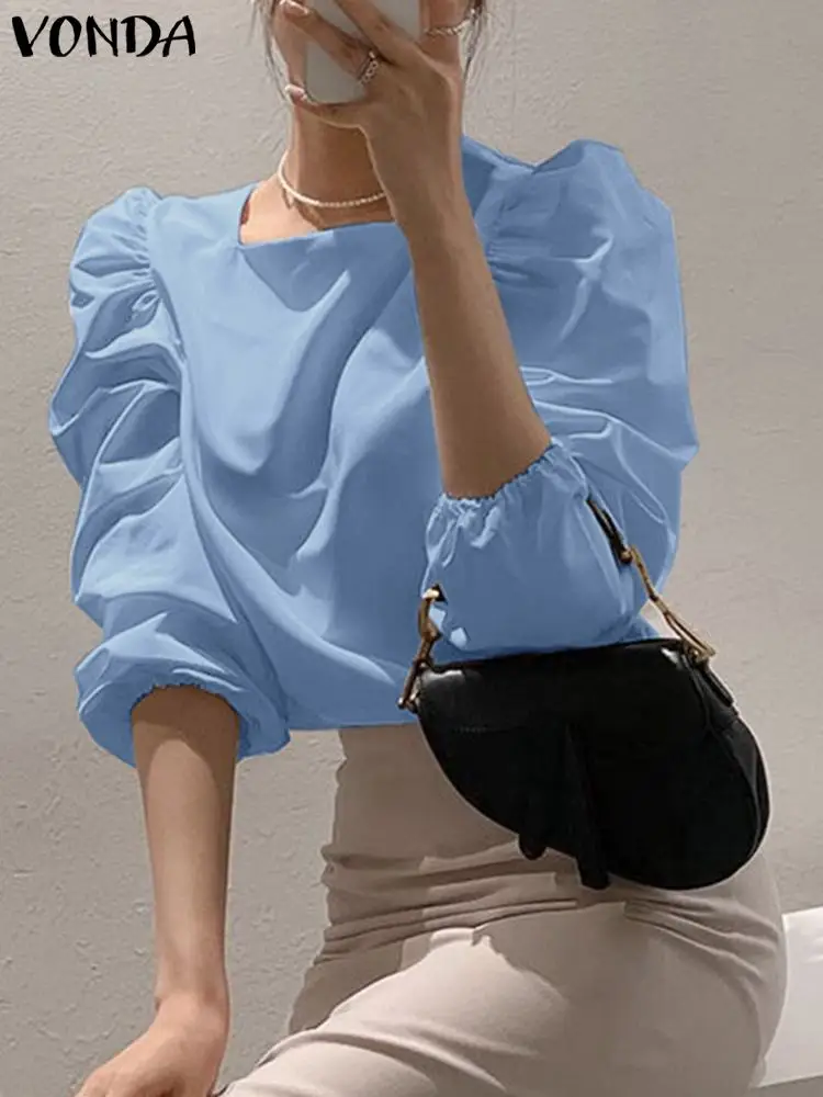 

Рубашка VONDA женская с пышными длинными рукавами, модная пикантная блузка с квадратным воротником, повседневный мешковатый плиссированный т...