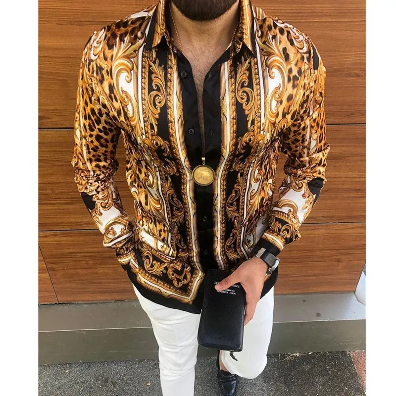 

men Casual leopard-print palace-style long-sleeved shirt