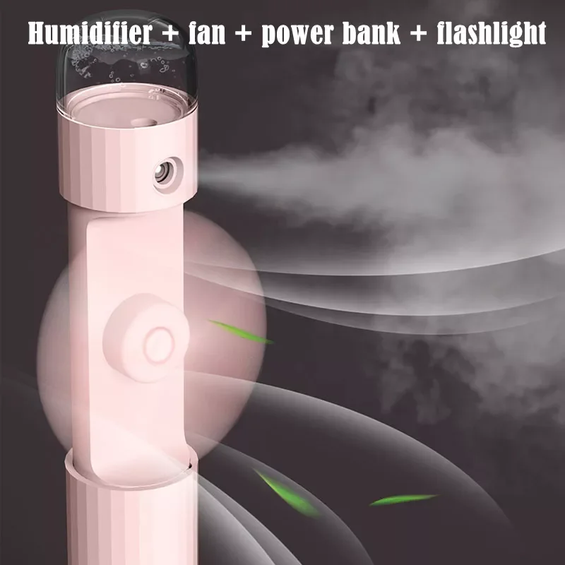 

4 In1 Fan Mini Air Humidifier Portable Handheld Cooling Fan USB Rechargeable Mist Fans Facial Sprayer Bank With Flashlight