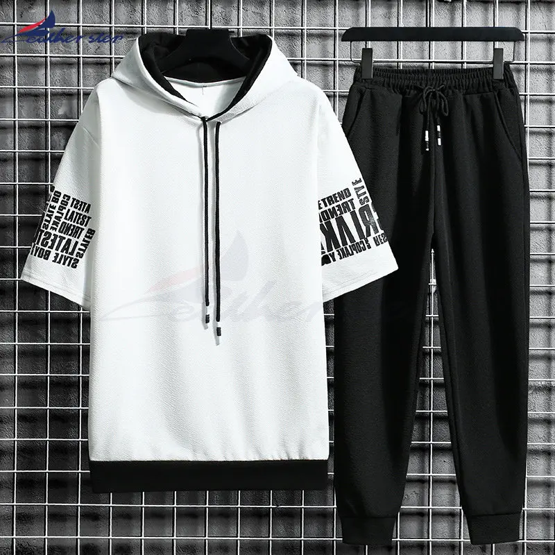 Summer New Mens T-shirt Set Hip Hop Fashion Tracksuit and Shorts Two Piece Set Men Patchwork Color Streetwear Outfit Set
