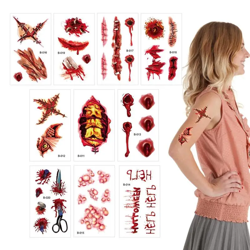 

Наклейки на Хэллоуин, искусственная рана, временная наклейка на Хэллоуин, 10 листов, водонепроницаемая искусственная кровь, Реалистичная подделка