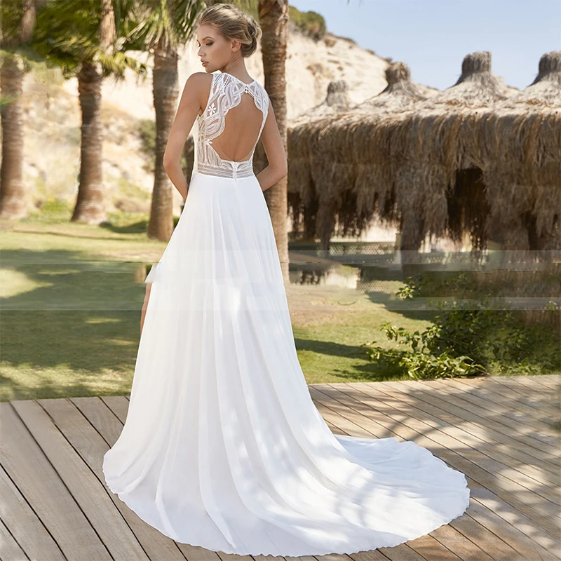 

QUEEN Elegant Chiffon Sleeveless Side Slit Wedding Dress 2023 Lace Appliques Backless Bridal Gowns With Sweep Train Custom Made