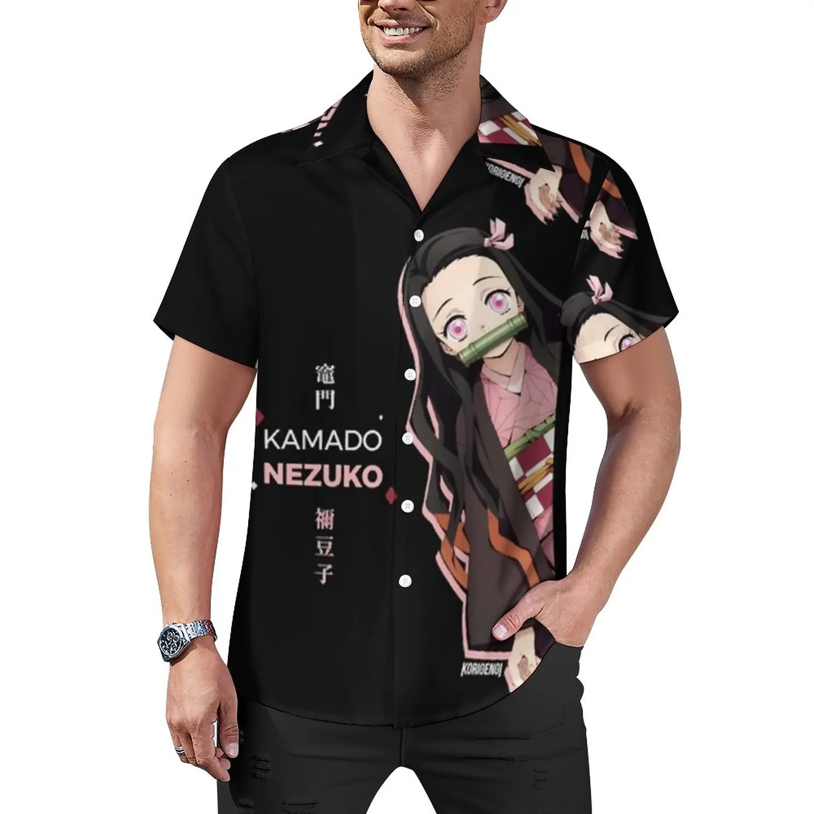 

Свободная рубашка Nezuko, мужские пляжные повседневные рубашки в японском стиле аниме, гавайский дизайн, с коротким рукавом, стиль ретро