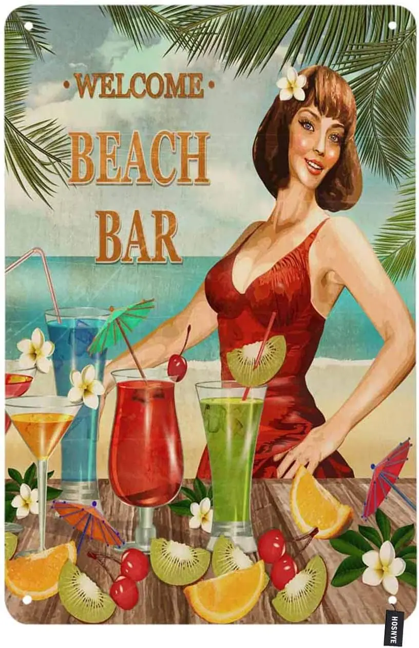 Металлическая винтажная табличка HOSNYE Beach Bar Pin Up Girl с изображением сексуальных женщин в красном и напитками вокруг, для мужчин и женщин, настенный декор (art.: 3920da0211c1e) - 3920da0211c1e
