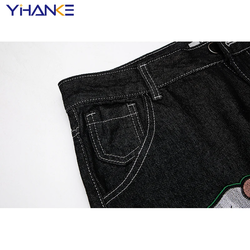 YHK Retro Pockets Letter Embroidery Vibe Style Casual Mens Denim Trousers Streetwear Straight Washed Loose Jeans Pants Oversized