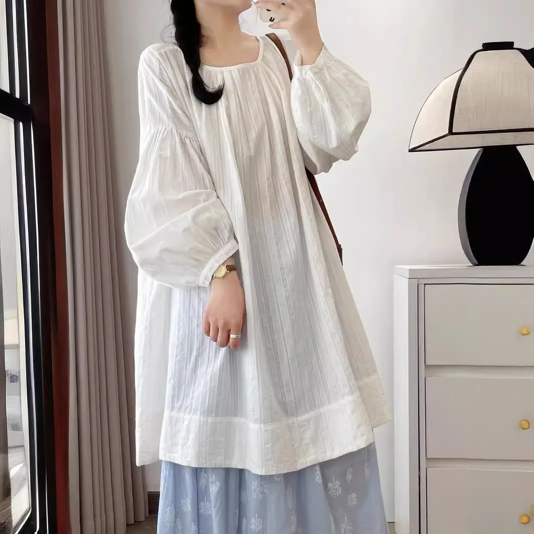 Женская хлопковая рубашка с длинным рукавом полосатая блузка круглым вырезом