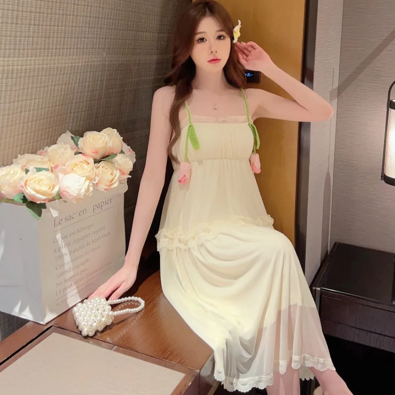 

Summer Women Nightgown Palace Style Sleepwear Loungewear Suspender Nightdress Mesh Robe Home Dress Dressing Gown Lingerie