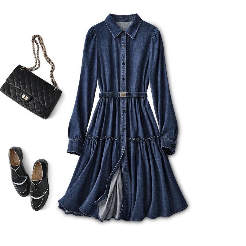 

New Denim Dress Women Cotton Slim Preppy Style A-LINE Edible Tree Fungus Knee-Length Turn-down Collar Spring/Autumn