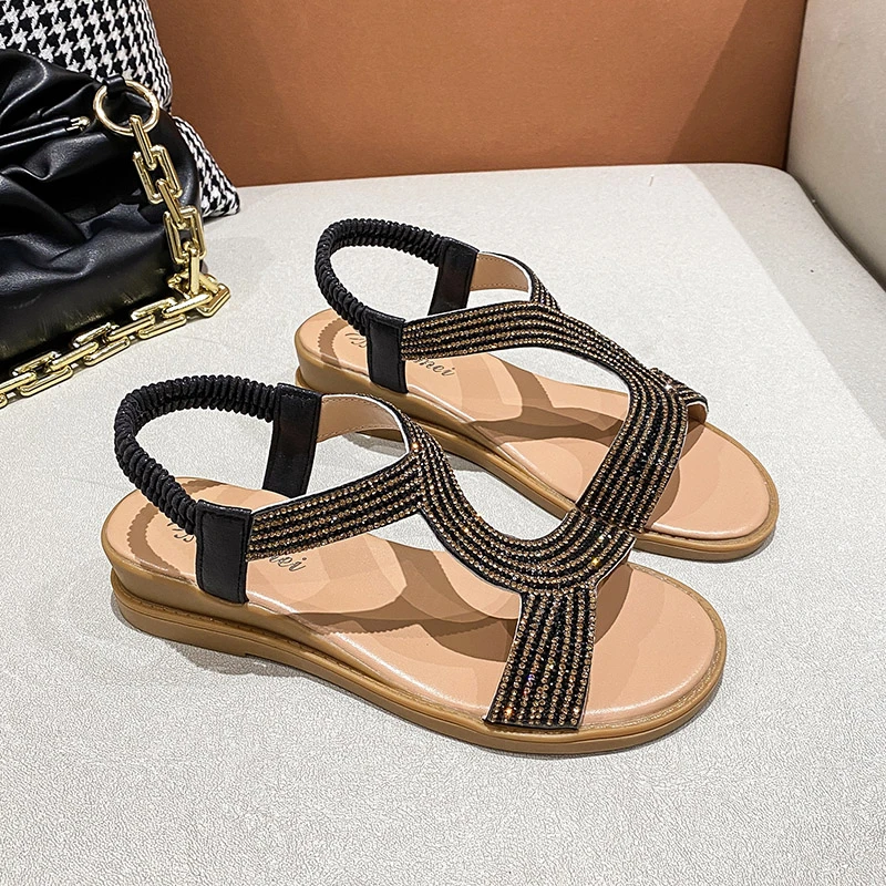 Summer Women Sandals Pvc Crystal Flower Decoration Chunky Heel Peep Toe Back Strap Elastic Band Elegant Fashion Shoes Ladies